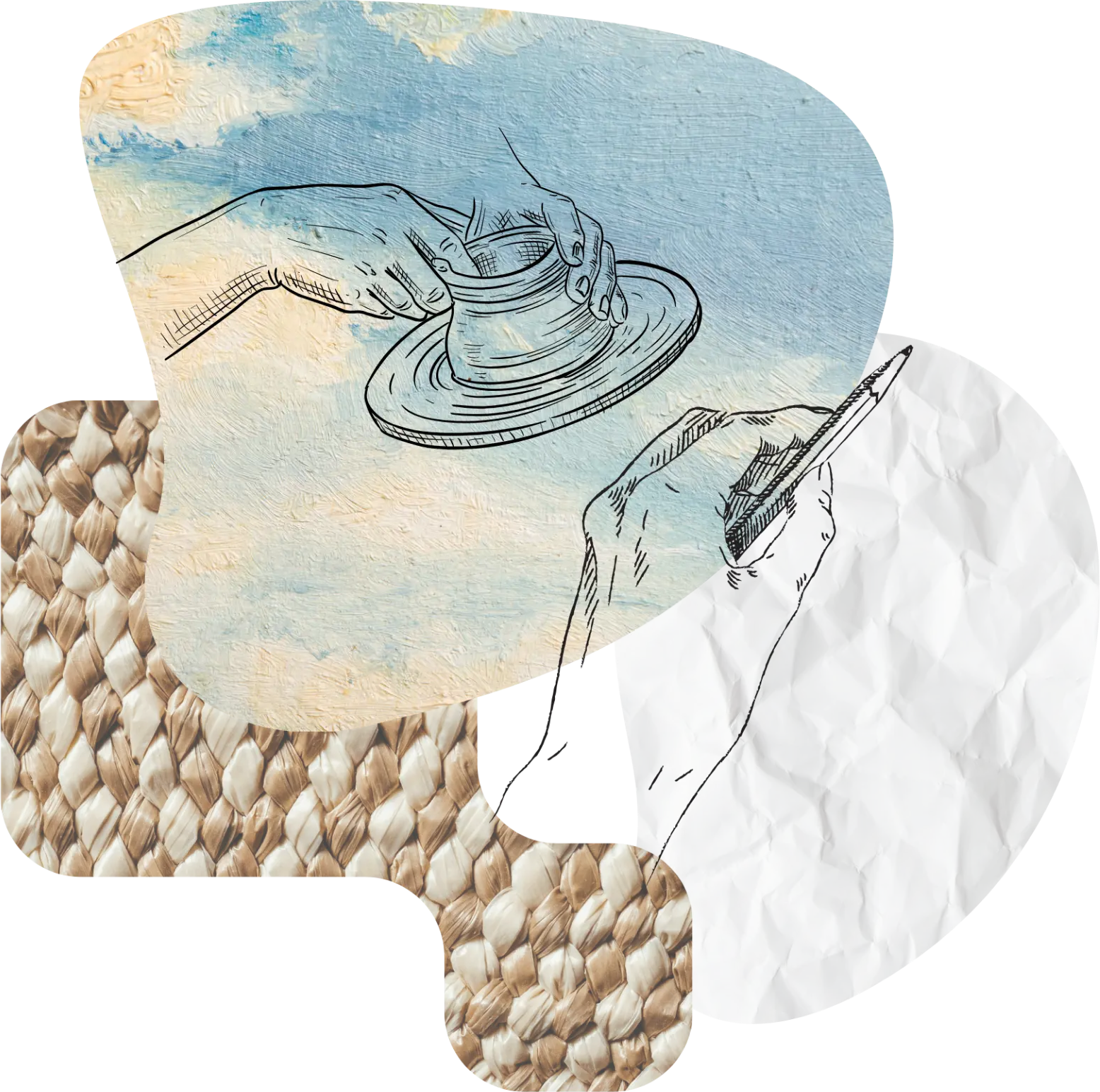 Hands shaping a pot on a wheel, layered with woven fiber and paper textures